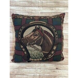 Needlepoint Tapestry Style Horse Pillow- Decorative Throw Pillow for Couch Chair